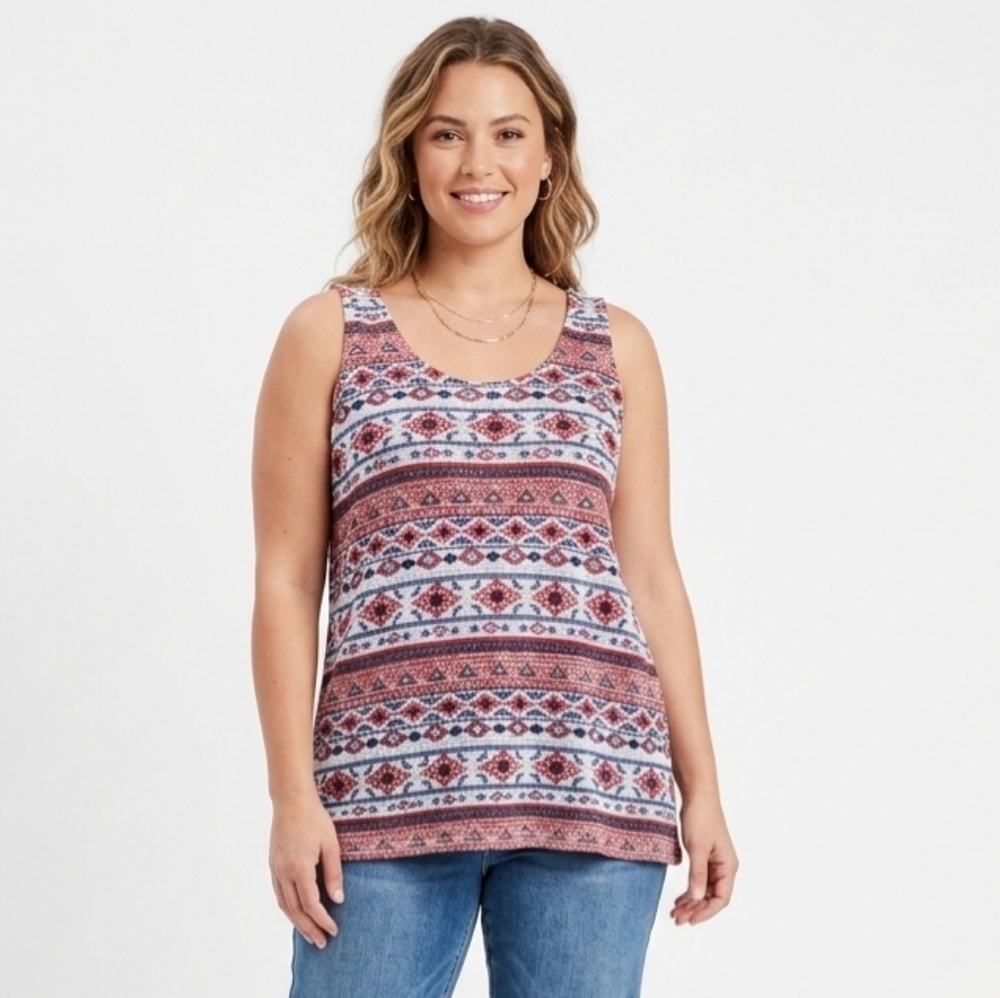 Aztec Print Tank Top Scoop Neck in Rust, Navy & White Boho Sz XL